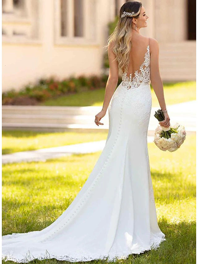 Luolandi Engagement Open Back Sexy Formal Wedding Dresses Court Train Mermaid / Trumpet Sleeveless V Neck Crepe