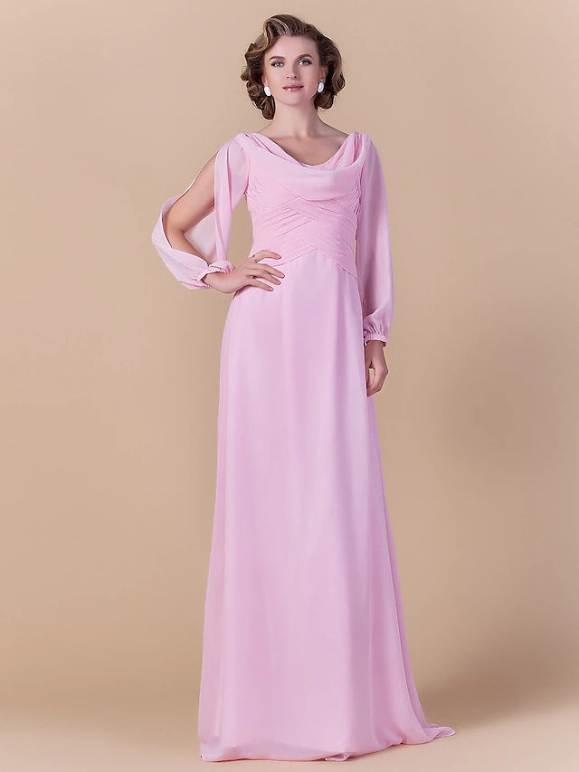 Luolandi Sheath / Column Mother of the Bride Dress Vintage Inspired Cowl Neck Floor Length Chiffon Long Sleeve with Criss Cross