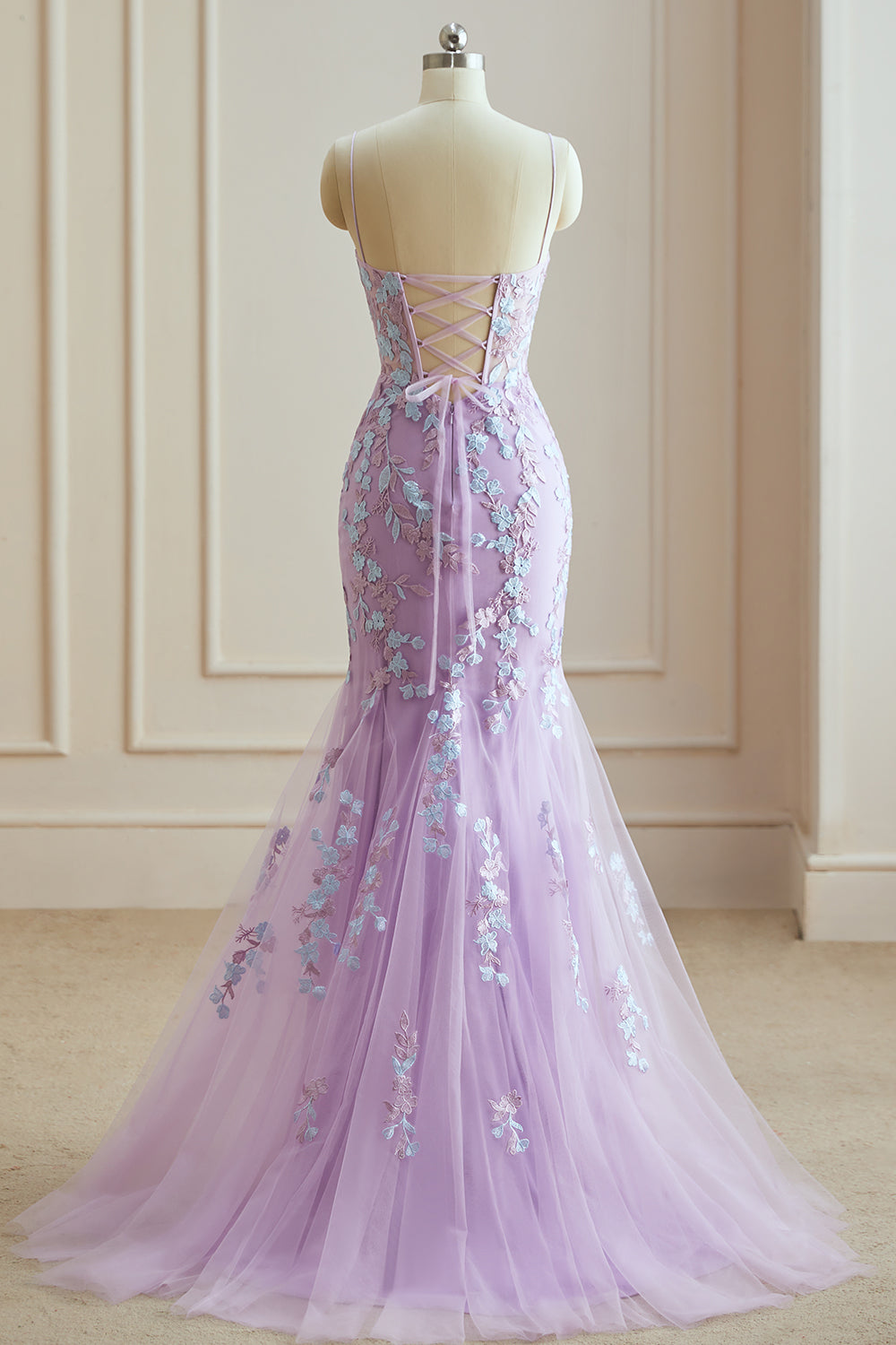 Luolandi Charming Mermaid Spaghetti Straps Lace Prom Dresses With Appliques Long Evening Gown Beautiful