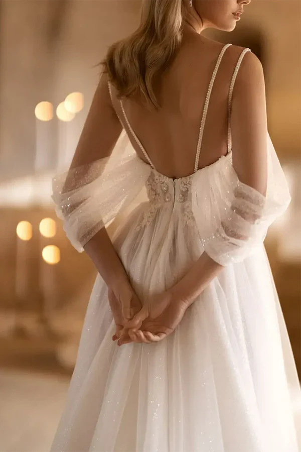 Luolandi A-line deep V-neck sheer pleated rural style trailing wedding dress Beautiful