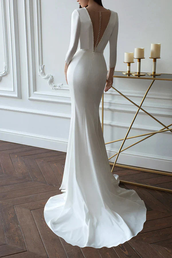 Luolandi Sheath/pillar illusion deep V-neck long sleeved palace train satin wedding dress Sexy