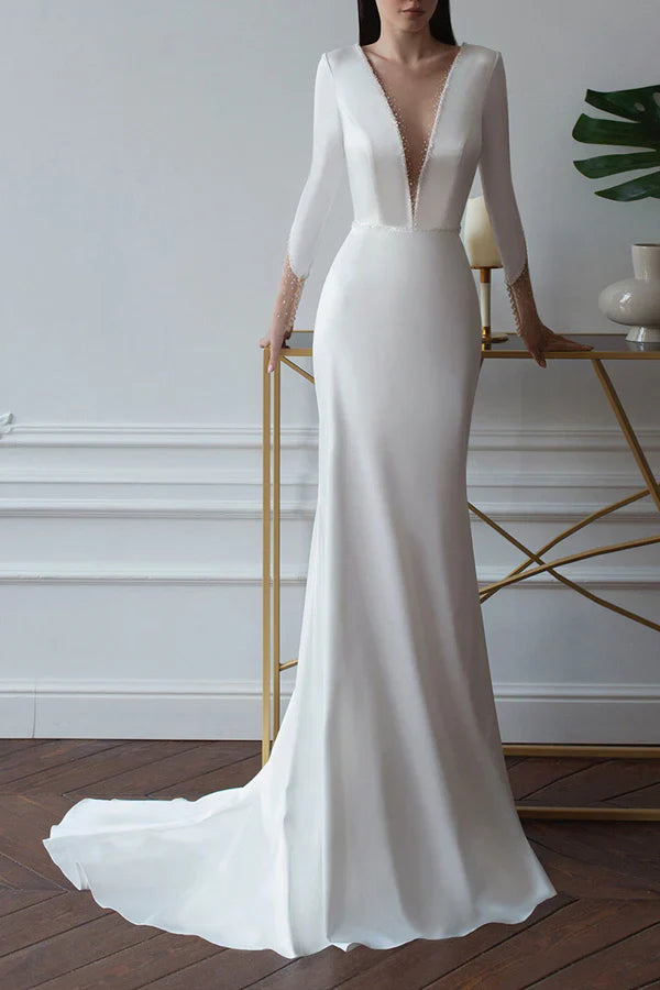 Luolandi Sheath/pillar illusion deep V-neck long sleeved palace train satin wedding dress Sexy