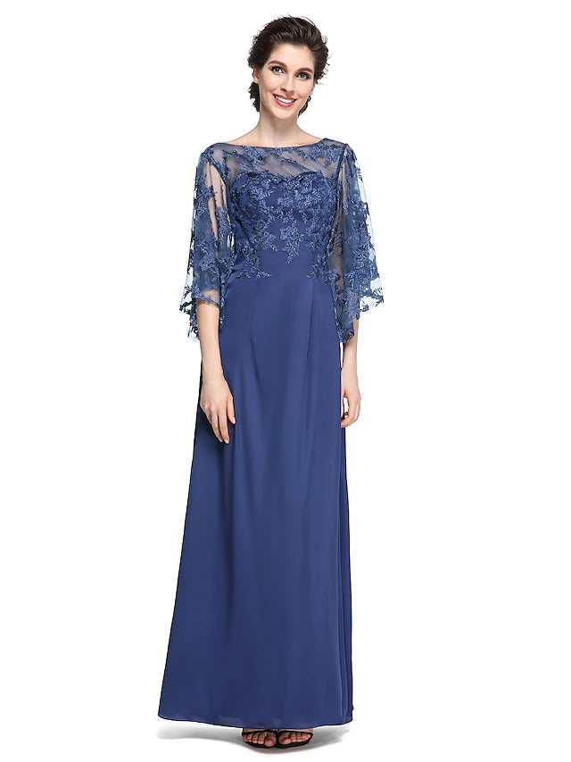 Luolandi Sheath / Column Mother of the Bride Dress Elegant See Through Bateau Neck Ankle Length Chiffon Lace Half Sleeve