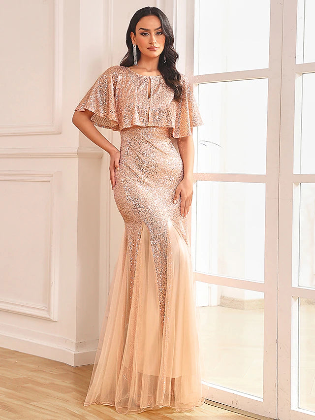 Luolandi Two Piece Mermaid / Trumpet Party Dresses Sparkle & Shine Dress Prom Floor Length Sleeveless V Neck Capes Tulle V Back with Sequin