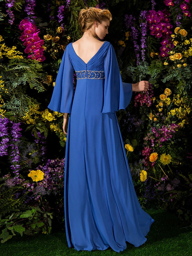 Luolandi A-Line Mother of the Bride Dress Vintage Inspired V Neck Floor Length Chiffon Long Sleeve with Crystals Beading