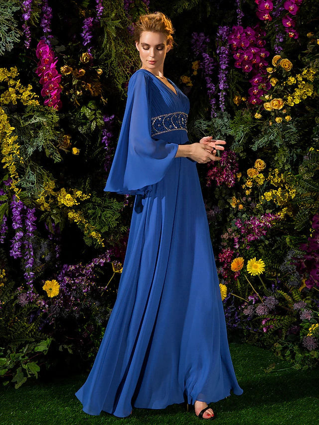 Luolandi A-Line Mother of the Bride Dress Vintage Inspired V Neck Floor Length Chiffon Long Sleeve with Crystals Beading