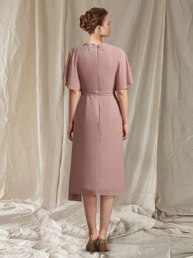 Luolandi A-Line Mother of the Bride Dress Elegant Jewel Neck Knee Length Chiffon Short Sleeve with Sash / Ribbon Beading