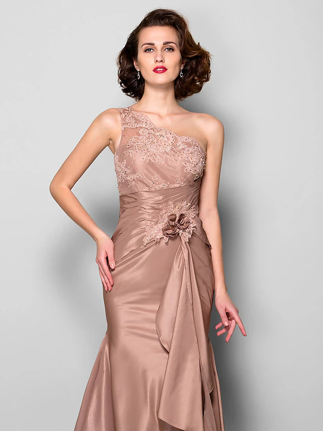 Luolandi Mermaid / Trumpet Mother of the Bride Dress Floral One Shoulder Sweep / Brush Train Lace Taffeta Sleeveless