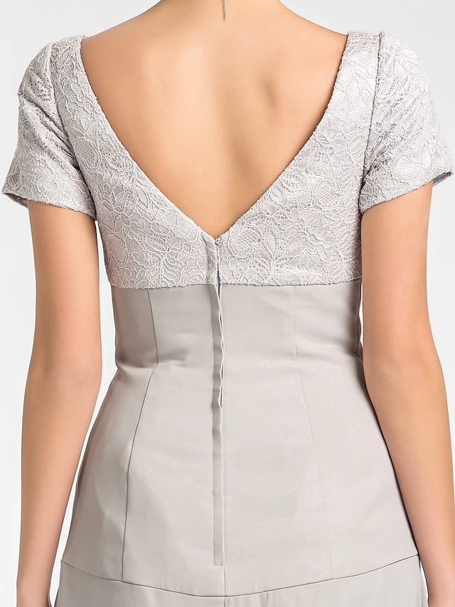 Luolandi A-Line Mother of the Bride Dress Floral High Low V Neck Asymmetrical Chiffon Lace Short Sleeve with Flower