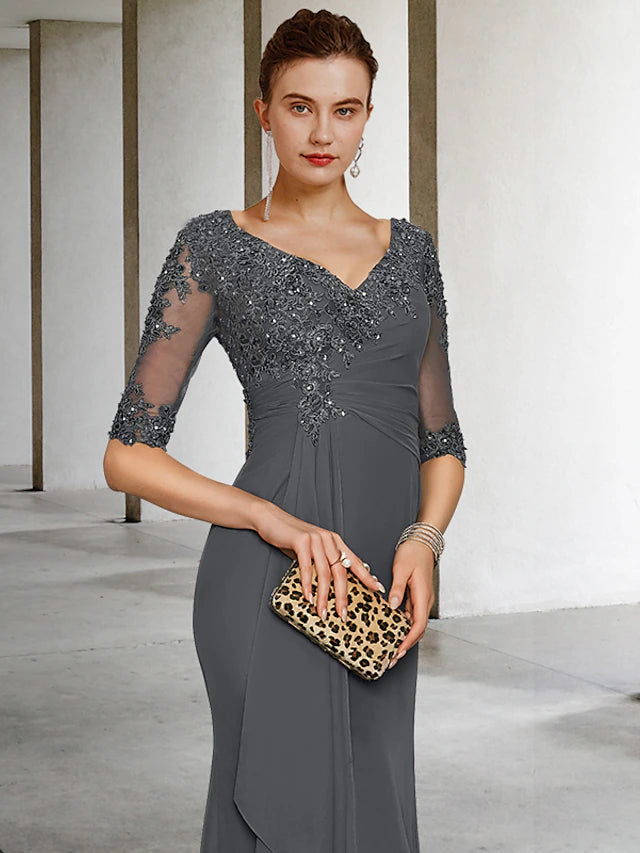 Luolandi Mermaid / Trumpet Mother of the Bride Dress Vintage Elegant V Neck Sweep / Brush Train Chiffon Tulle Half Sleeve with Appliques