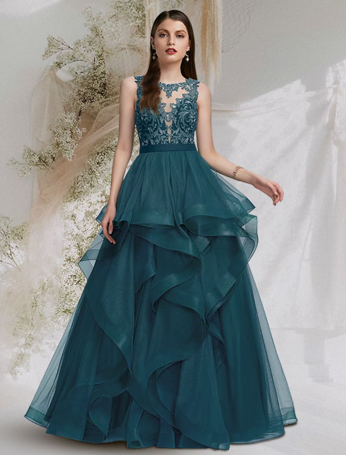 Luolandi Ball Gown Cut Out Sexy Prom Formal Evening Dress Jewel Neck Sleeveless Floor Length Tulle with Lace