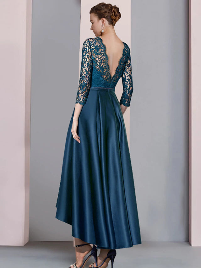 Luolandi A-Line Mother of the Bride Dress Formal Wedding Guest Elegant High Low Scoop Neck Asymmetrical Tea Length Satin Lace Half Sleeve