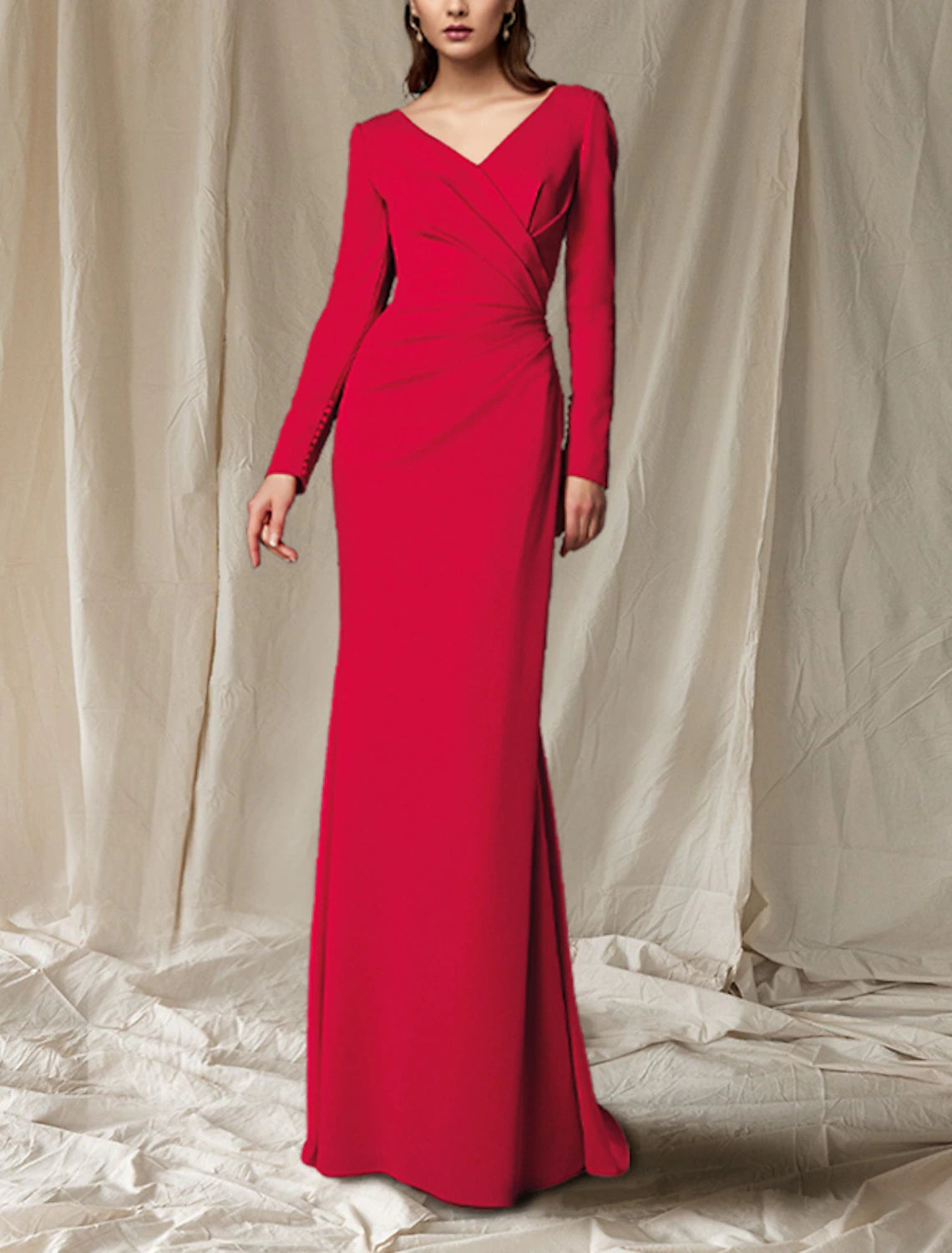 Luolandi Mermaid / Trumpet Mother of the Bride Dress Elegant V Neck Sweep / Brush Train Fabric Long Sleeve with Buttons