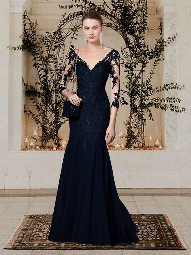 Luolandi Mermaid / Trumpet Mother of the Bride Dress Elegant V Neck Sweep / Brush Train Lace Tulle Short Sleeve