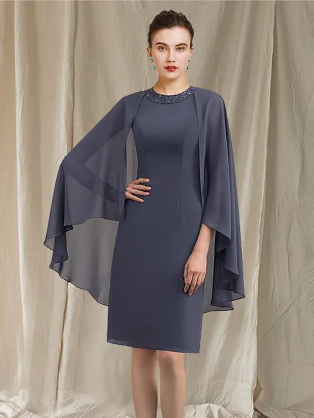 Luolandi Mother of the Bride Dress Elegant Jewel Neck Knee Length Chiffon Sleeveless with Beading Pure Color