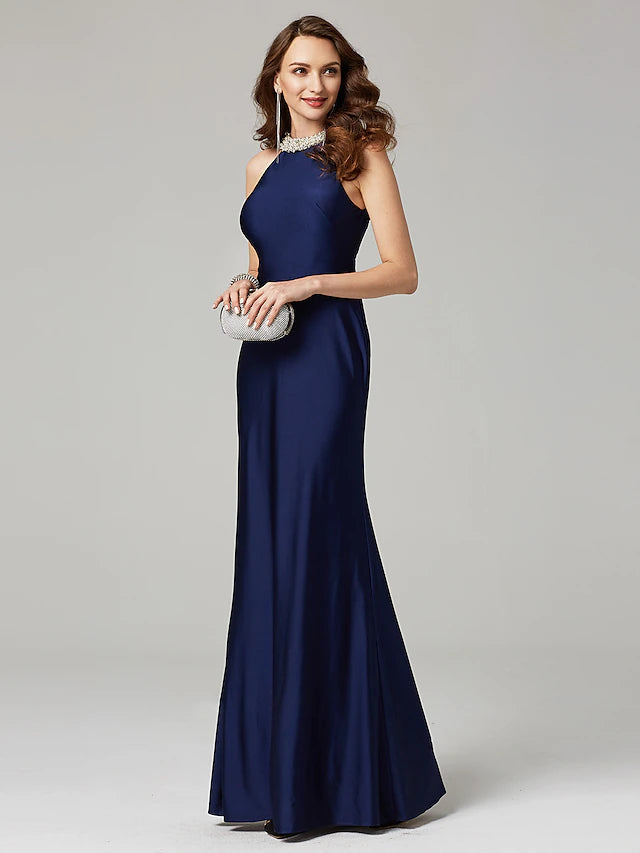 Luolandi Sheath / Column Mother of the Bride Dress Elegant Sexy Jewel Neck Floor Length Charmeuse Sleeveless