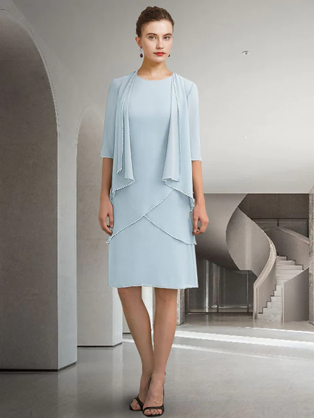 Luolandi Mother of the Bride Dress Elegant Jewel Neck Knee Length Chiffon Lace Half Sleeve with Beading