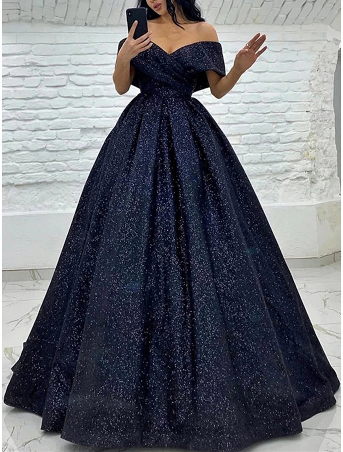 Luolandi A-Line Prom Dresses Elegant Dress Tie Gala Sweep / Brush Train Short Sleeve Off Shoulder Sequined Sparkly Evening Dress
