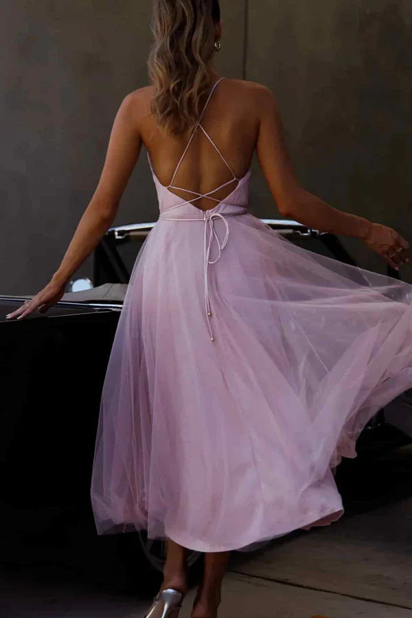 Luolandi Sweet and Elegant Solid Color Mesh Asymmetric Collar Sleeveless Evening Dress Light Purple