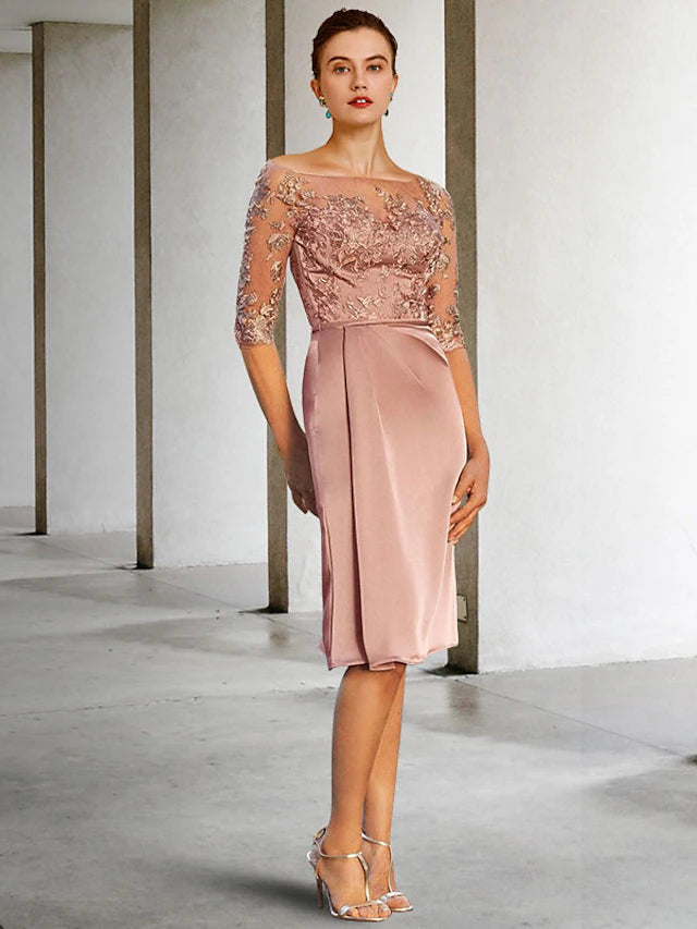 Luolandi Sheath / Column Mother of the Bride Dress Vintage Elegant Jewel Neck Knee Length Lace Charmeuse Half Sleeve with Appliques