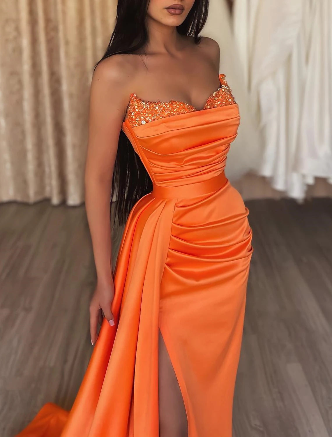 Mermaid Ruched Evening Gown Satin Dress Cocktail Party Prom Court Train Sleeveless Strapless Bridesmaid Dress with Beading Sequin