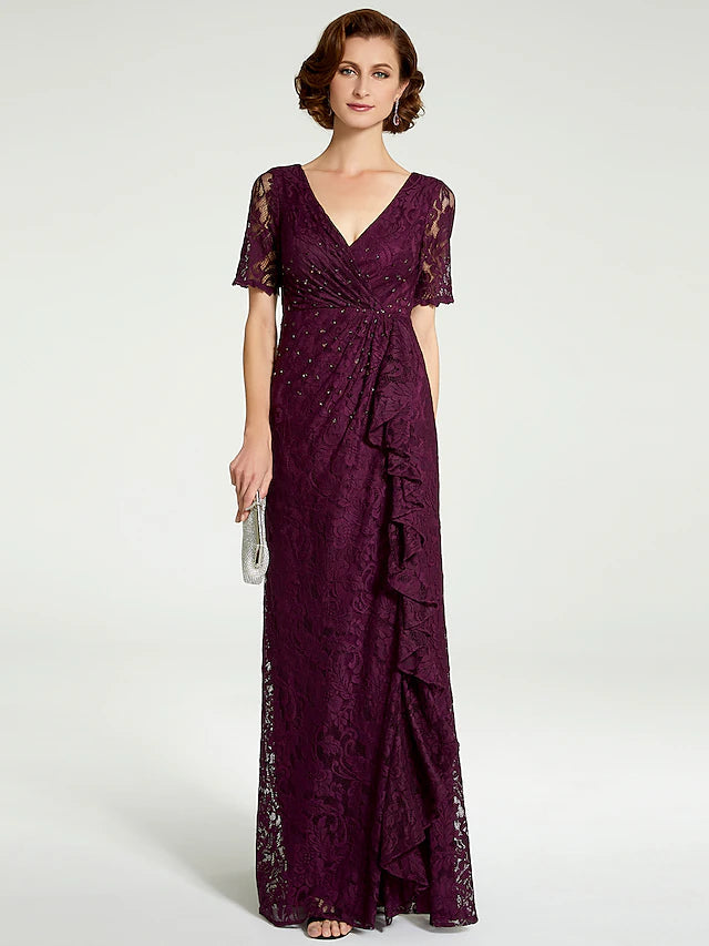 Luolandi Sheath / Column Mother of the Bride Dress V Neck Floor Length Lace Short Sleeve with Beading