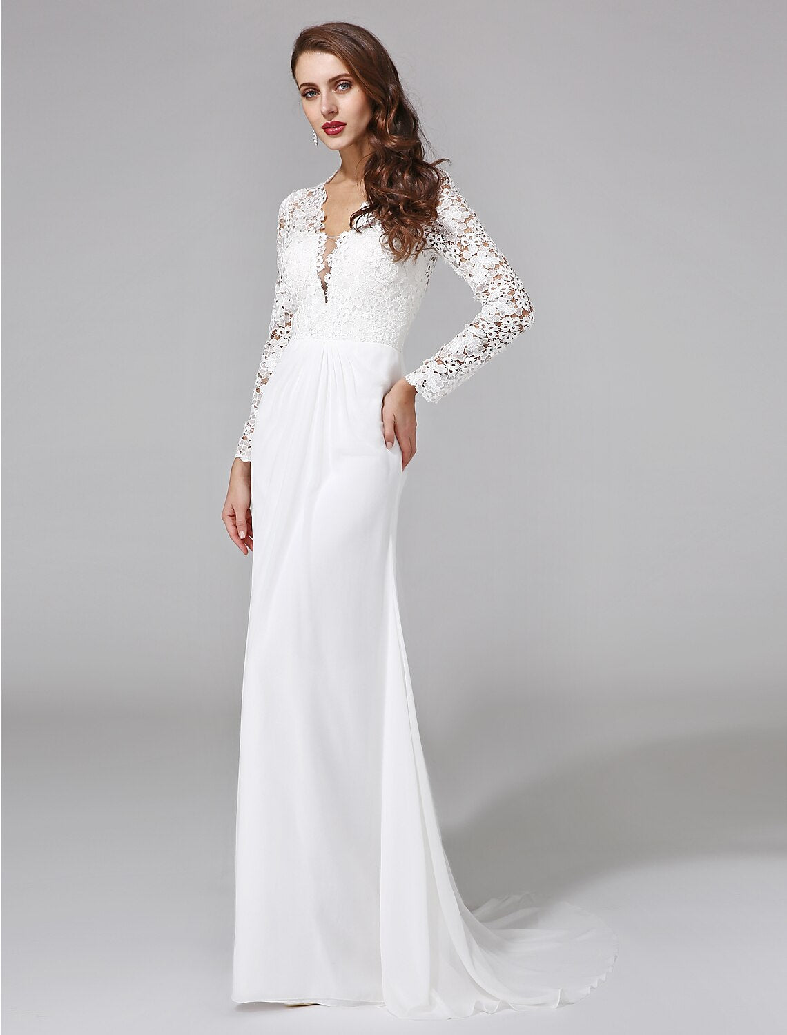 Luolandi Beach Royal Style Boho Wedding Dresses Sweep / Brush Train Sheath / Column Long Sleeve Illusion Neck Chiffon