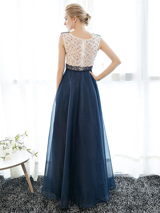 Luolandi A-Line Beautiful Back Elegant Beaded & Sequin Prom Formal Evening Dress Illusion Neck Sleeveless Floor Length Tulle Over Lace