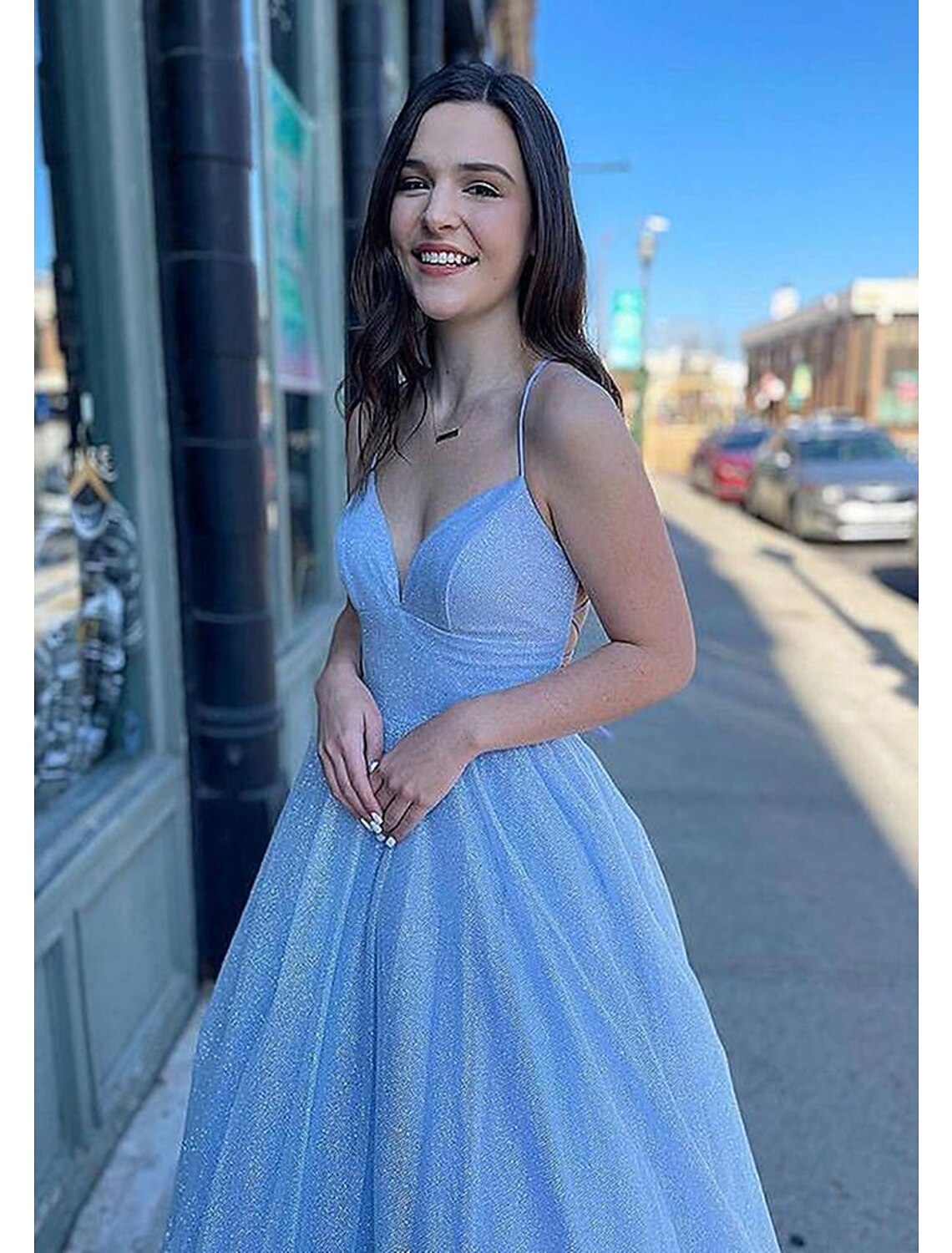 Luolandi Ball Gown A-Line Prom Dresses Sparkle & Shine Dress Formal Floor Length Sleeveless V Neck Tulle Backless