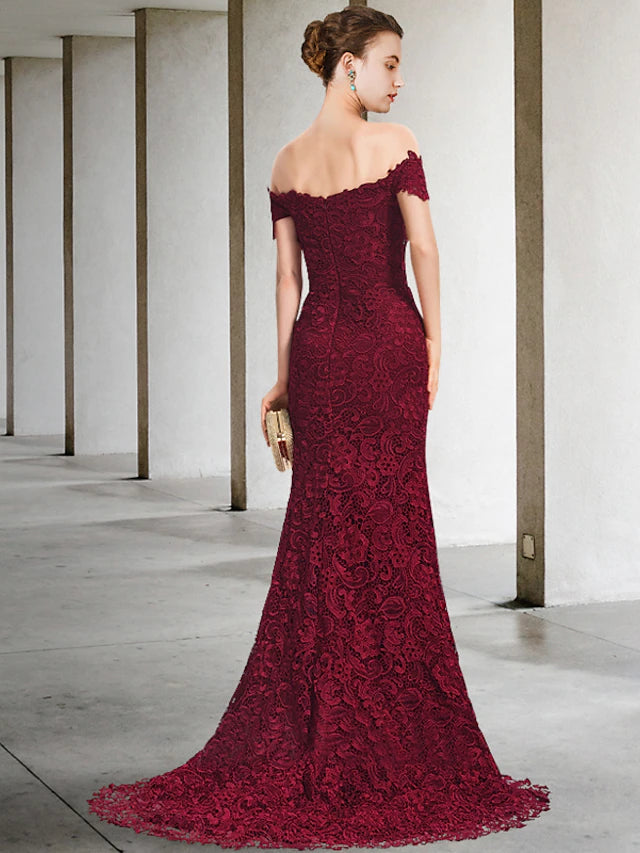 Luolandi Mermaid / Trumpet Mother of the Bride Dress Elegant Off Shoulder Sweep / Brush Train Lace Short Sleeve