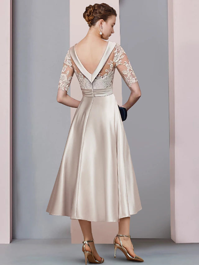 Luolandi A-Line Mother of the Bride Dress Wedding Guest Vintage Elegant Scoop Neck Tea Length Satin Lace Half Sleeve with Ruched