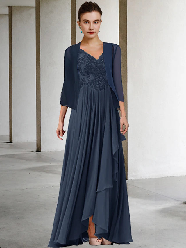 Luolandi Two Piece A-Line Mother of the Bride Dress Plus Size Elegant High Low V Neck Asymmetrical Floor Length Chiffon Lace Half Sleeve Wrap Included Jacket Dresses with Pleats