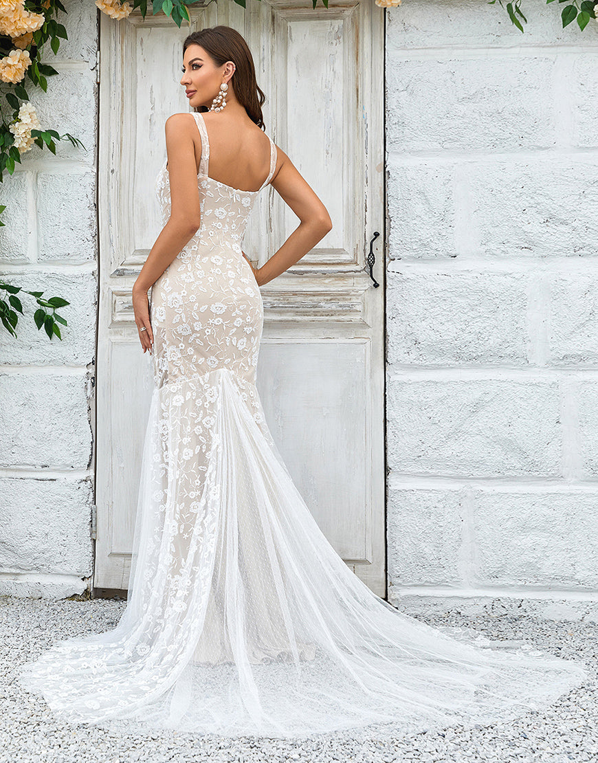 Luolandi Mermaid Ivory Sweep Train Wedding Dress with Lace Beautiful