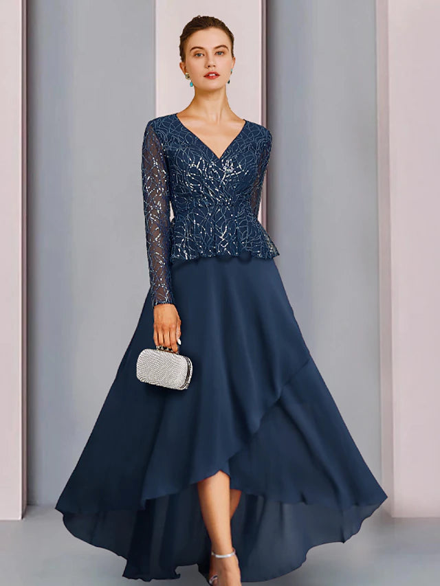 Luolandi Sheath / Column Mother of the Bride Dress Wedding Guest Elegant Sparkle & Shine V Neck Asymmetrical Chiffon Lace Sequined Long Sleeve