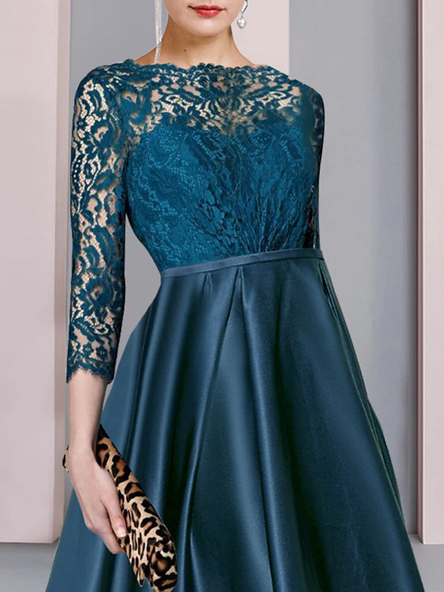 Luolandi A-Line Mother of the Bride Dress Formal Wedding Guest Elegant High Low Scoop Neck Asymmetrical Tea Length Satin Lace Half Sleeve