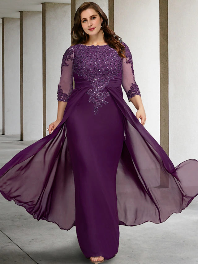 Luolandi Sheath / Column Plus Size Curve Mother of the Bride Dresses Luxurious Dress Formal Floor Length Half Sleeve Jewel Neck Chiffon