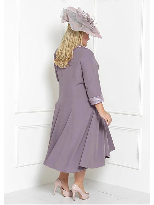 Luolandi Two Piece Sheath / Column Mother of the Bride Dress Church Plus Size Wrap Included Square Neck Tea Length Charmeuse 3/4 Length Sleeve with Sash / Ribbon