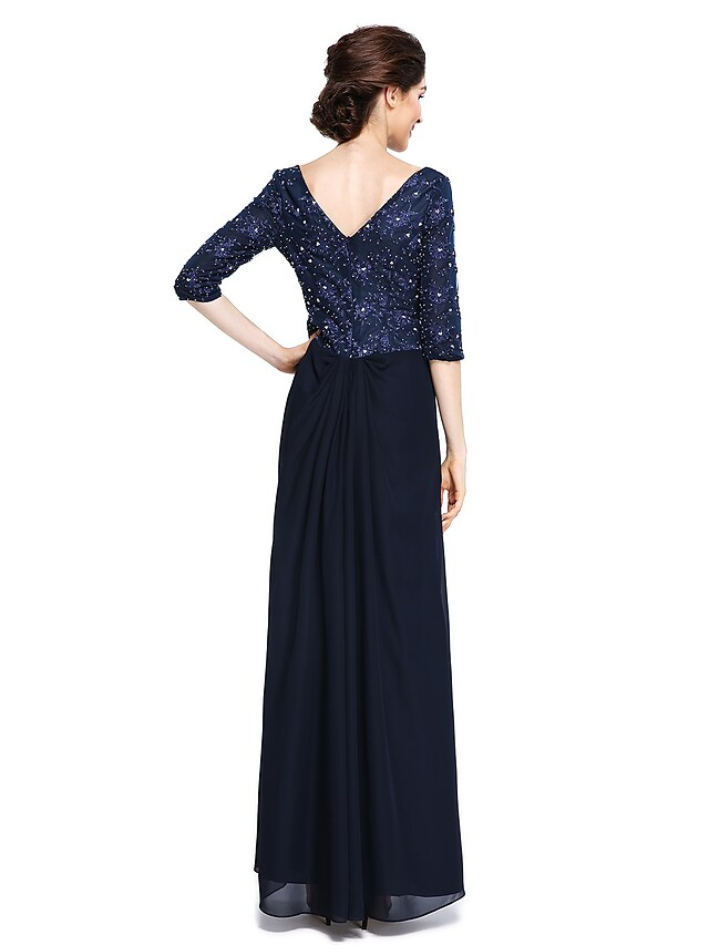 Luolandi Mother of the Bride Dress Elegant V Neck Ankle Length Chiffon Lace Half Sleeve with Lace Dark Navy