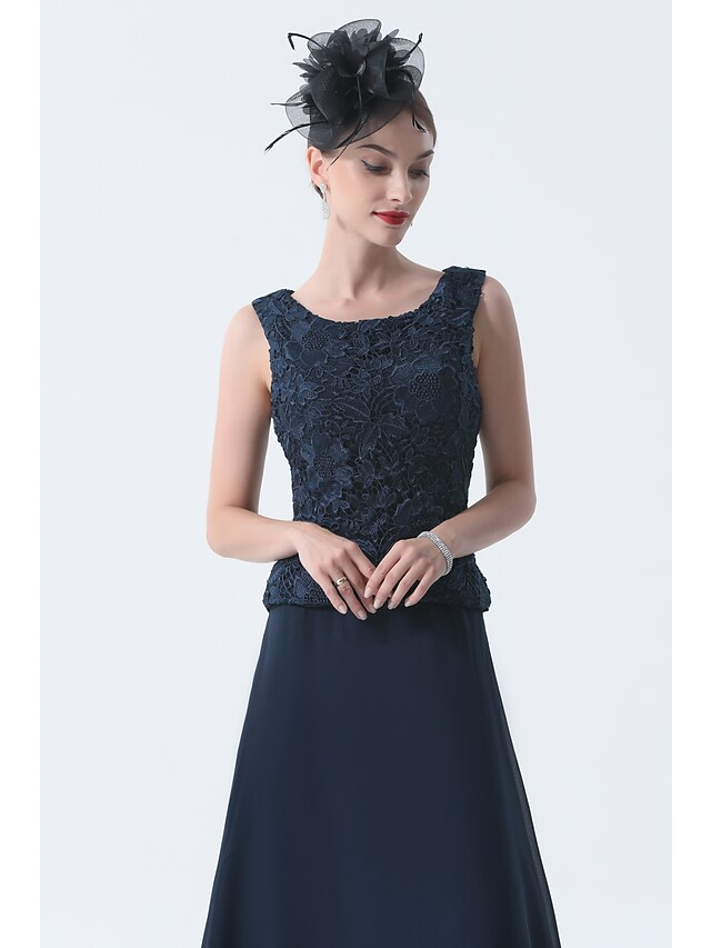 Luolandi Two Piece A-Line Mother of the Bride Dress Elegant Square Neck Floor Length Chiffon 3/4 Length Sleeve Dark Navy