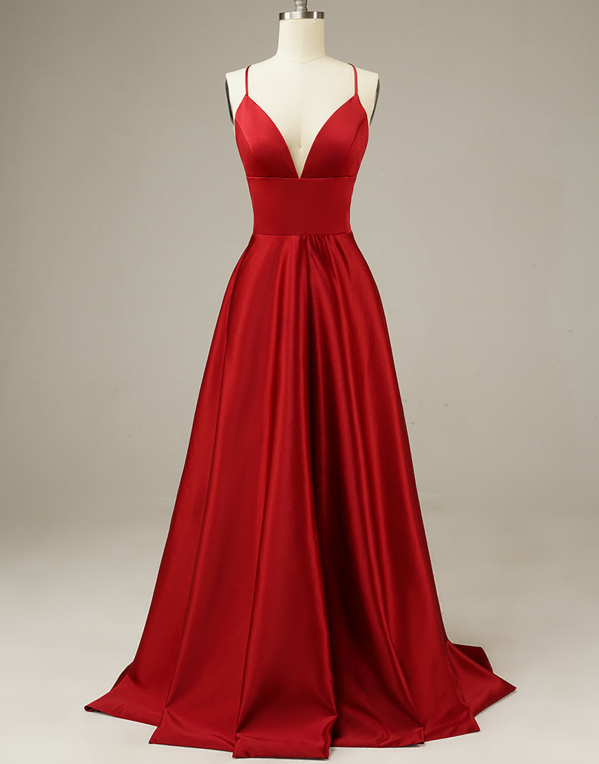 Luolandi Simple Long Satin Red Prom Dress V-neck Floor Length Sexy Evening Dresses