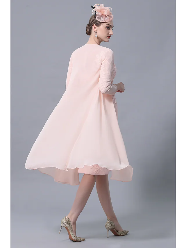 Luolandi Mother of the Bride Dress Plus Size Elegant Vintage Bateau Neck Knee Length Chiffon Lace 3/4 Length Sleeve