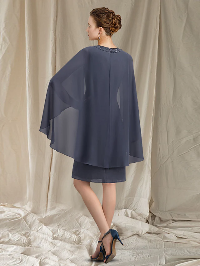 Luolandi Mother of the Bride Dress Elegant Jewel Neck Knee Length Chiffon Sleeveless with Beading Pure Color