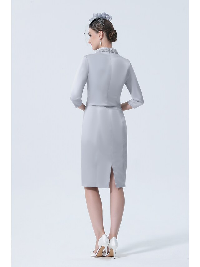 Luolandi Mother of the Bride Dress Plus Size Elegant Vintage High Neck Knee Length Satin 3/4 Length Sleeve with Crystals Appliques Silver Excluding Hat