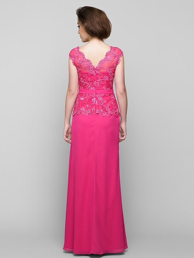 Luolandi Mother of the Bride Dress Furcal V Neck Floor Length Chiffon Lace Sleeveless with Lace Ruched Fuchsia