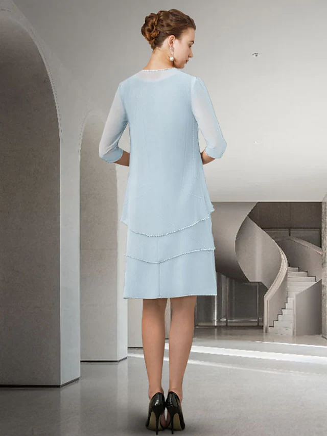 Luolandi Mother of the Bride Dress Elegant Jewel Neck Knee Length Chiffon Lace Half Sleeve with Beading