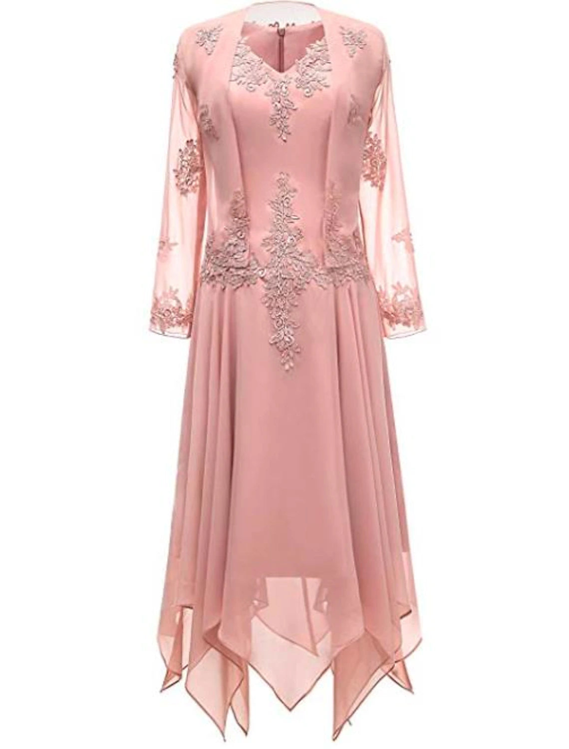 Luolandi Two Piece A-Line Mother of the Bride Dress Wedding Guest Church Wrap Included V Neck Knee Length Chiffon 3/4 Length Sleeve with Appliques