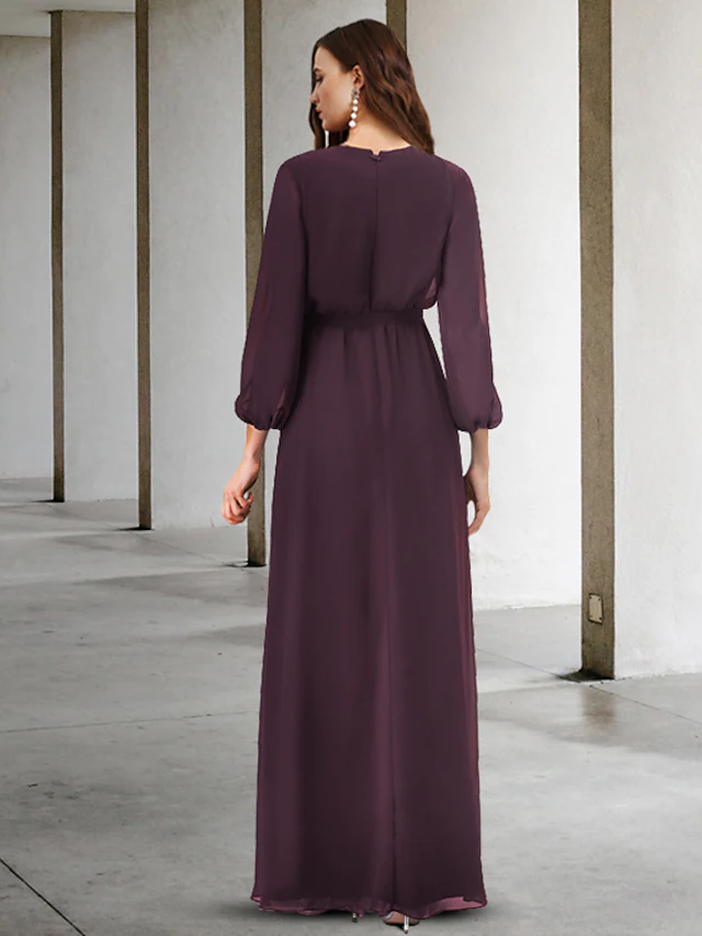 Luolandi A-Line Mother of the Bride Dress Elegant V Neck Floor Length Chiffon Long Sleeve with Split