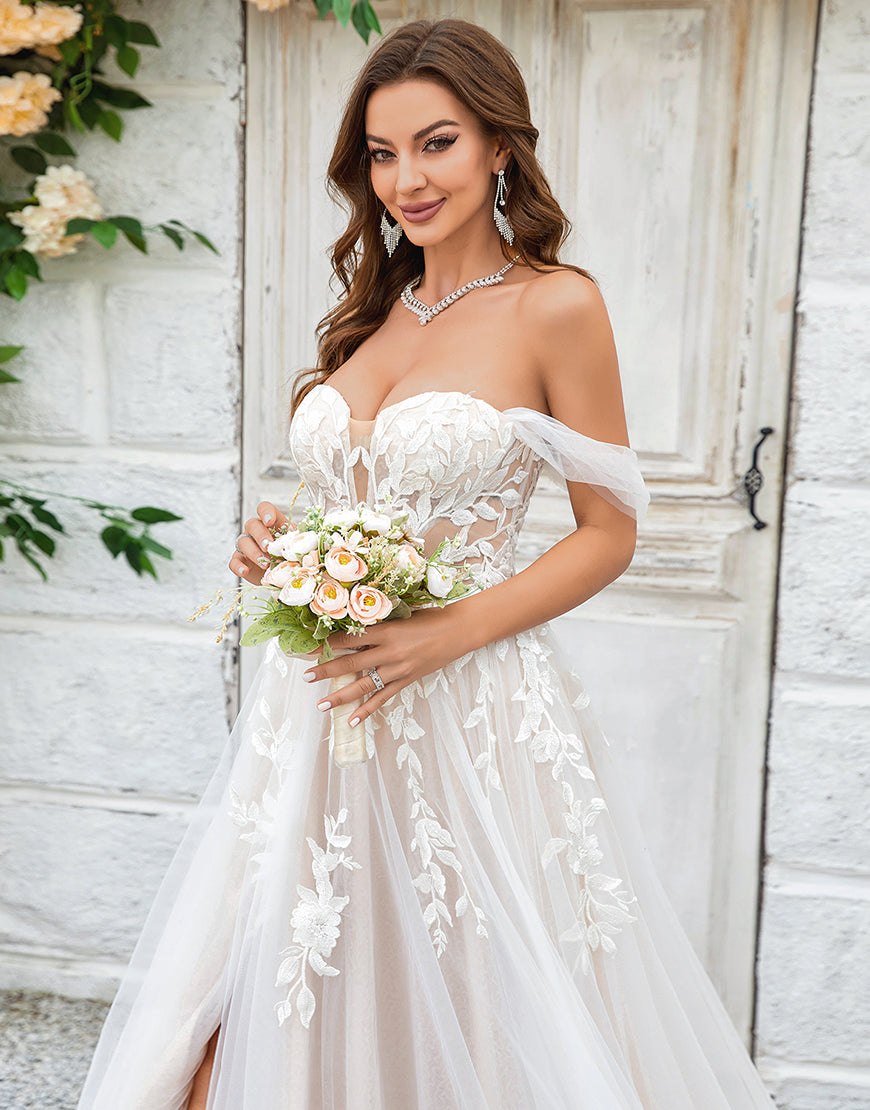 Luolandi Beauty A Line Off the Shoulder Champagne Tulle Detachable Wedding Dress with Lace With Slit
