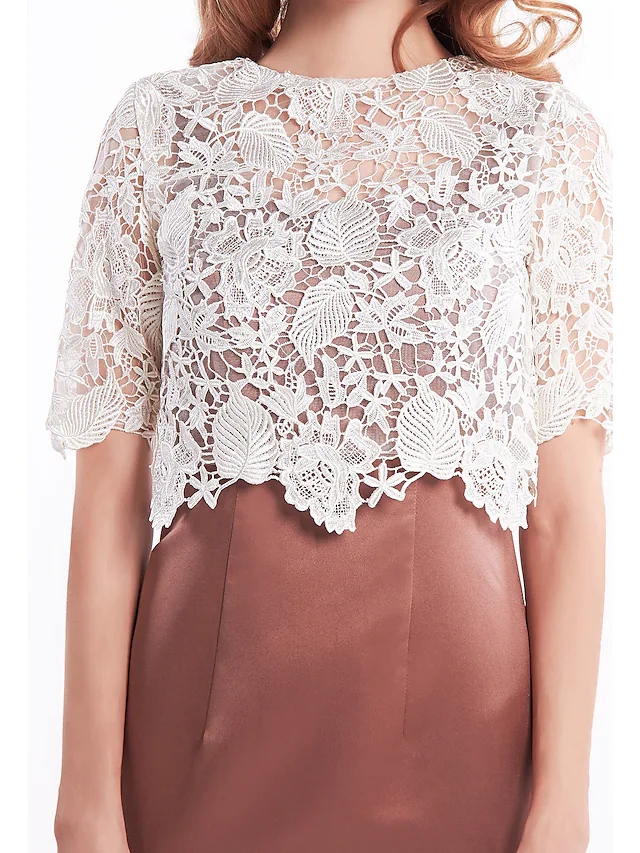 Luolandi Mother of the Bride Dress Convertible Dress Bateau Neck Short Mini Lace Satin Half Sleeve with Lace Ivory