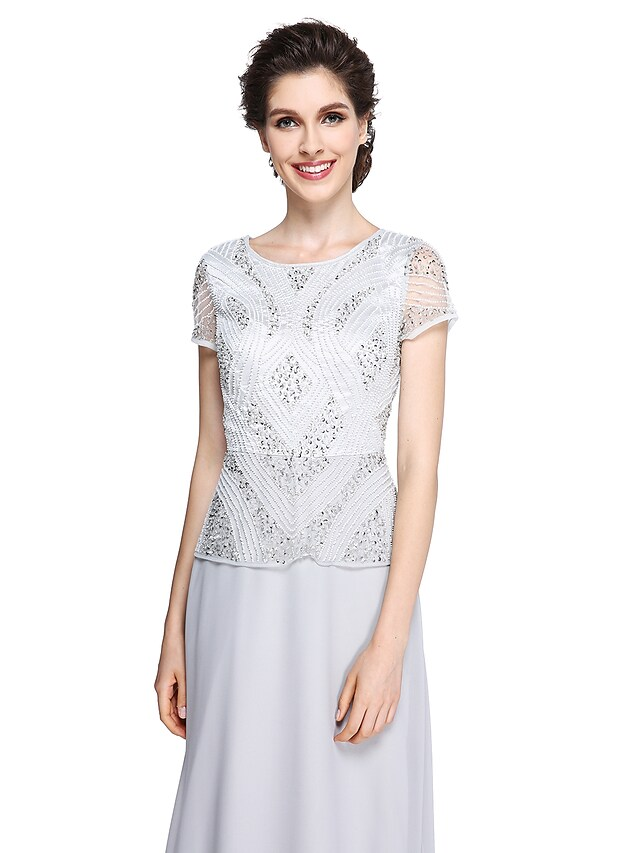 Luolandi Mother of the Bride Dress Jewel Neck Floor Length Chiffon Short Sleeve with Beading Sequin Silver